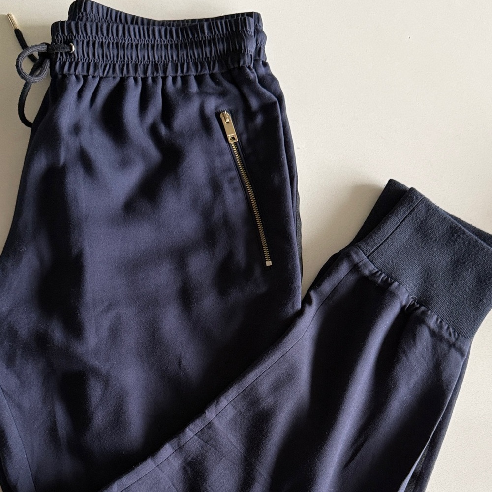 Burberry Navy Jogger Pants, Black Side Stripe, Gold-Tone Accents